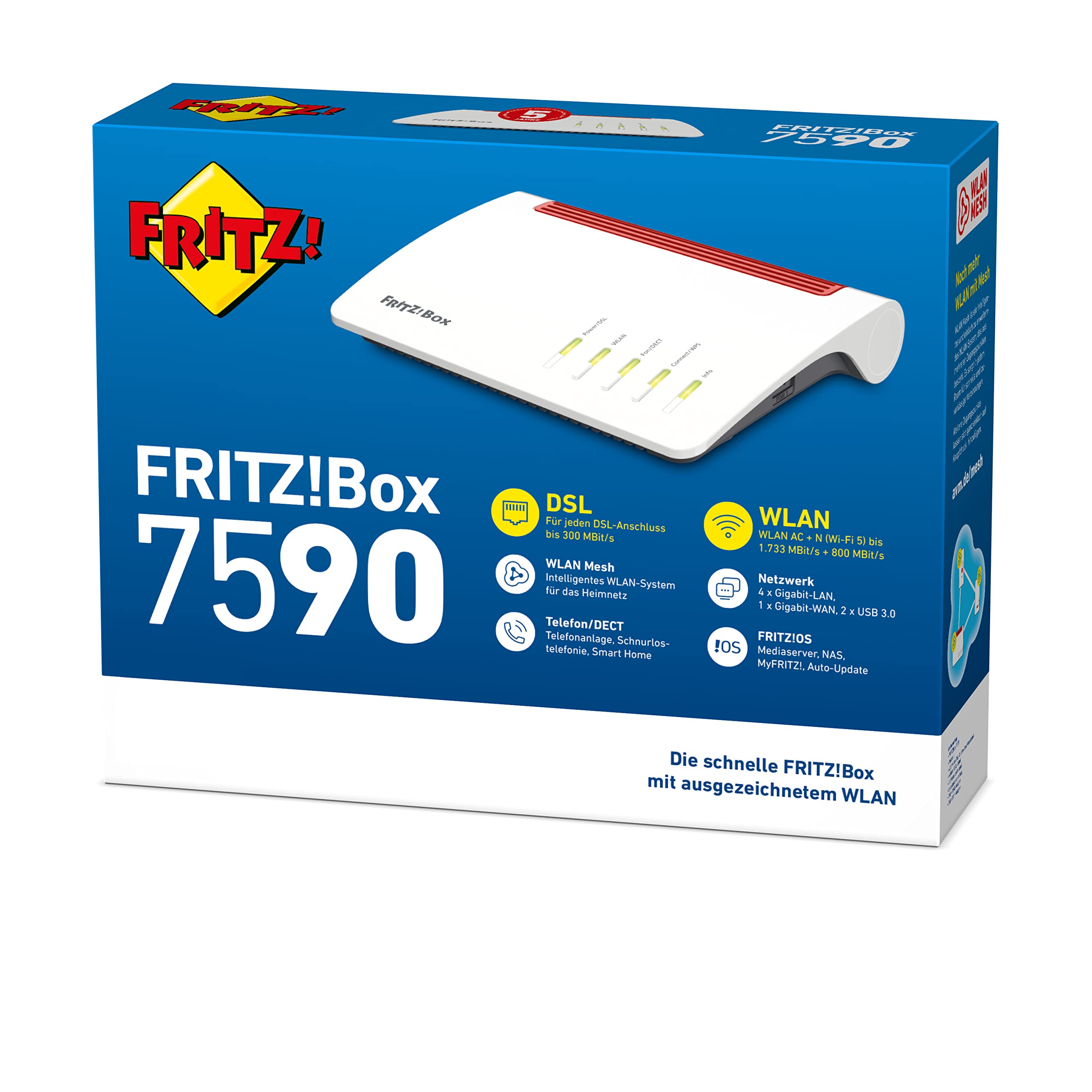 AVM FRITZ!Box 7590 WLAN AC+N Router (DSL/VDSL,1.733 MBit/s (5GHz) & 800 MBit/s (2,4 GHz), bis zu 300 MBit/s mit VDSL-Supervectoring 35b, WLAN Mesh, DECT-Basis, Media Server, geeignet für Deutschland)