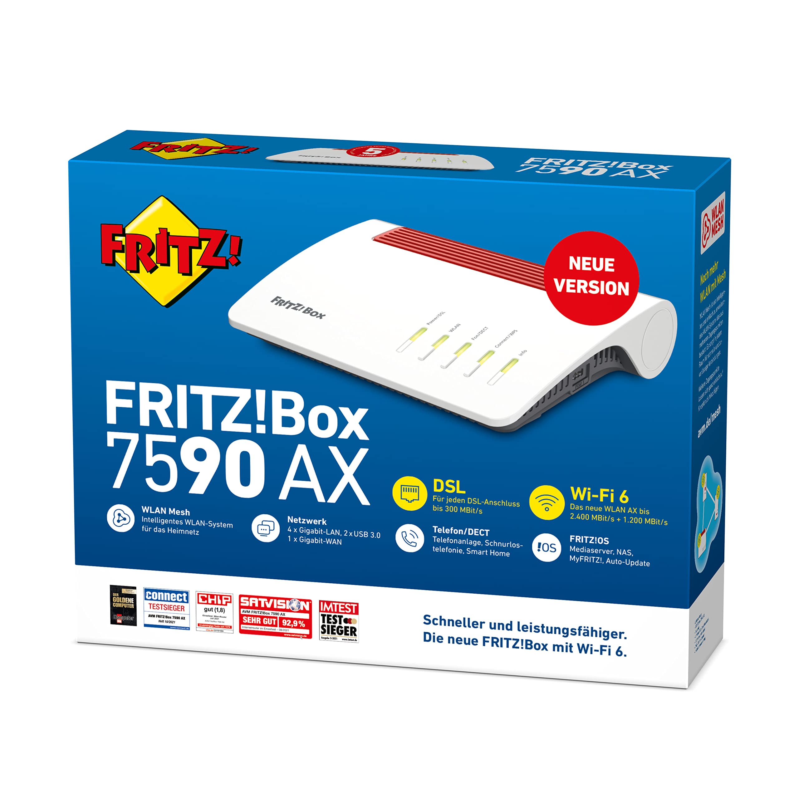 AVM FRITZ!Box 7590 AX (Wi-Fi 6, 2.400 + 1.200 Mbit/s, VDSL 300, Mesh, DECT, DE-Version) (Generalüberholt), Weiß